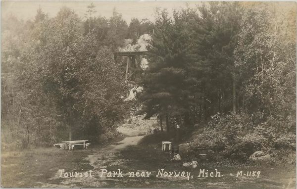 UP Norway MI RPPC 1920s NOISY W&MRR Wisconsin & Michigan RAILROAD TRESSEL above VACATION TOURIST PARK CAMP Dirt Street Horse and Buggy and early Automobile Era PHOTOGRAPHER UNK 6