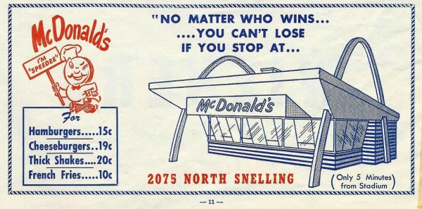 Vintage McDonald's Ad from the 1958 St. Paul Saints Baseball Team Official Score Book, Hamburgers at 15 Cents, French Fries Only 10 Cents (St. Paul, Minnesota)
