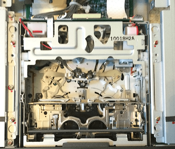 Birds-eye view of an open MiniDV player