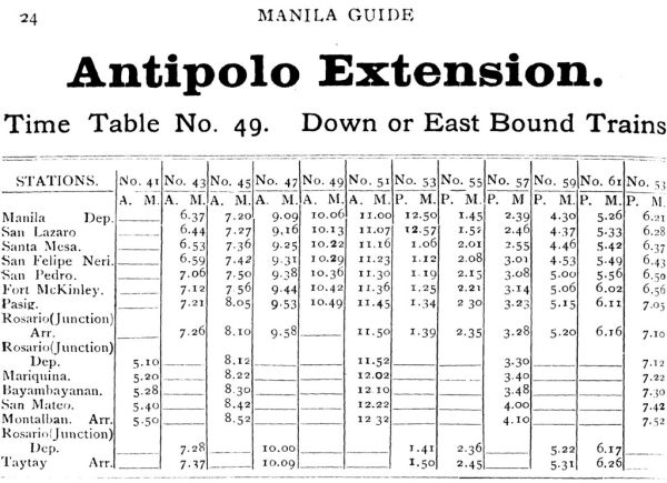 Time Table for MRR - Antipolo Extension [down of east bound trains]- 1908