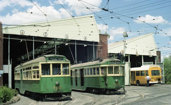 02807 (79) 08-12-1983 Melbourne and Metropolitan Tramways Board trams Y 469 and W2 380 and a Leyland National in the forecourt at Hawthorn Tram Depot, Melbourne, Victoria, Australia..