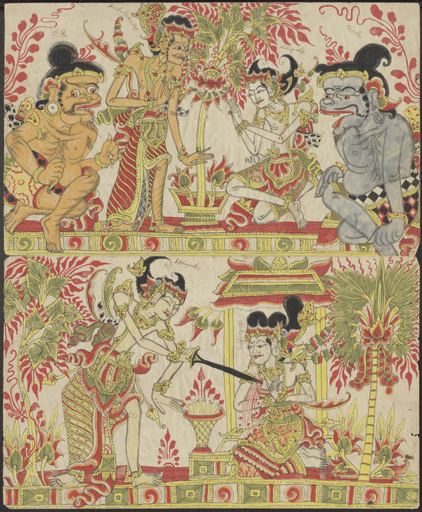 (a) Sidapaksa takes leave of king Sinduraja. Sidapaksa is accompanied by his servant Twalén and Sinduraja by Délem (b) Sidapaksa stabs his wife Sri Tanjung to death (c) The servants of Sidapaksa, Or. 3390 131