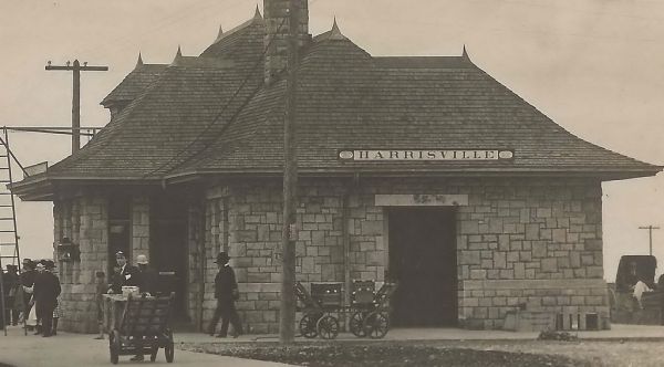 RR NE Harrisville MI RPPC 1908 D&MRR DEPOT Detroit & Mackinac Railroad Harrisville people donate the stone to the Railroad so that that the railway company would build a stone depot3