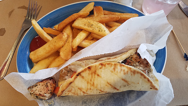 Chicken souvlaki pita with french fries