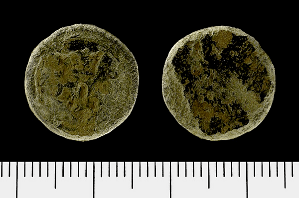 <div class='fn'> Complete cast copper alloy circular uniface coin weight of Medieval date (AD 1451 - AD 1464).</div>