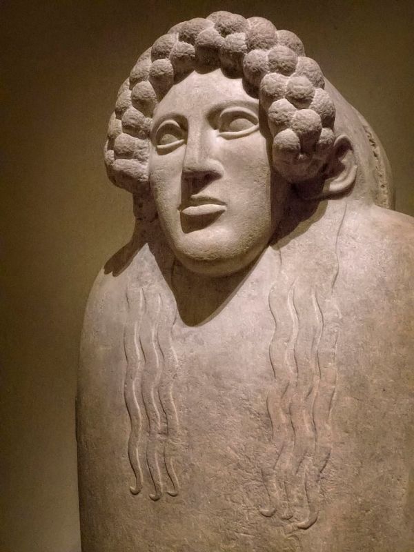 Closeup of the female face on the marble anthropoid sarcophagus of a woman Greco-Phoenician Classical last quarter of the 5th c. BCE