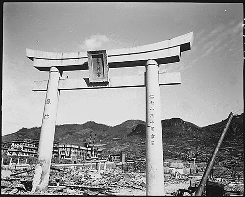 Public Domain: Shinto Shrine in Atomic Ruins, Nagasaki, Japan 1945 (NARA)