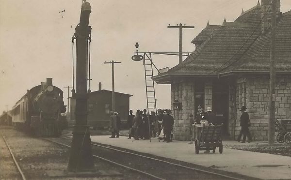 RR NE Harrisville MI RPPC 1908 D&MRR DEPOT Detroit & Mackinac Railroad Harrisville people donate the stone to the Railroad so that that the railway company would build a stone depot2